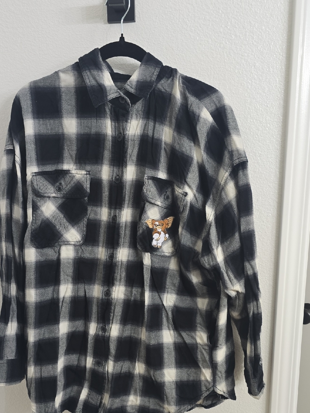 Black and White Plaid Button-Up Shirt with Gizmo Patch and Gremlins Warning